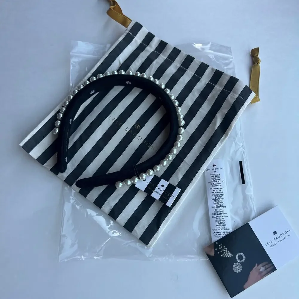 Lele Sadoughi Pearls Jet Black Velvet Slim Headband NEW